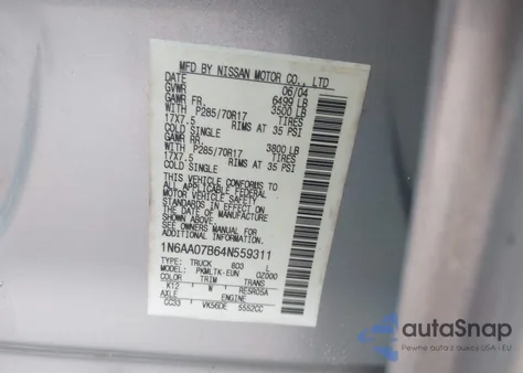 2004 Nissan Titan Se z USA, uszkodzony, nr VIN 1N6AA07B64N559311